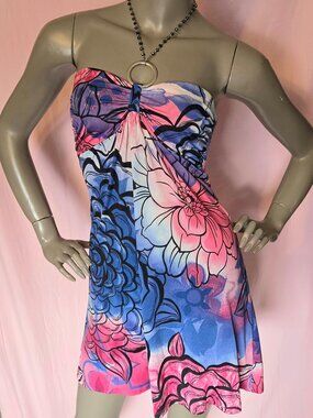 Vibrant Pink & Blue Floral Strapless Dress - Size SM